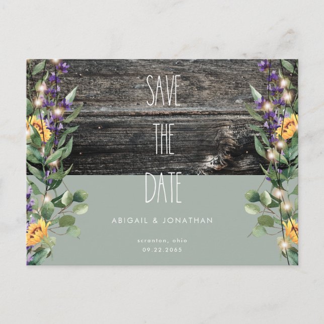 Rustikale Blätter Sonnenblume Save the Date Postkarte (Vorderseite)