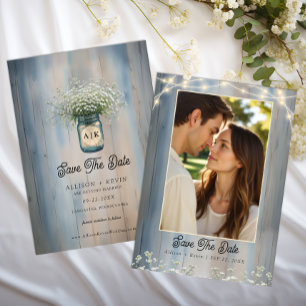 Rustikale Blaue Baby-Atem-Foto-Save-the-Date-Karte Save The Date