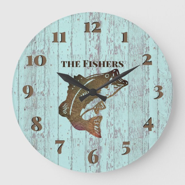 Rustikale blaue Brett-Fischen-Kabine Große Wanduhr (Vorderseite)