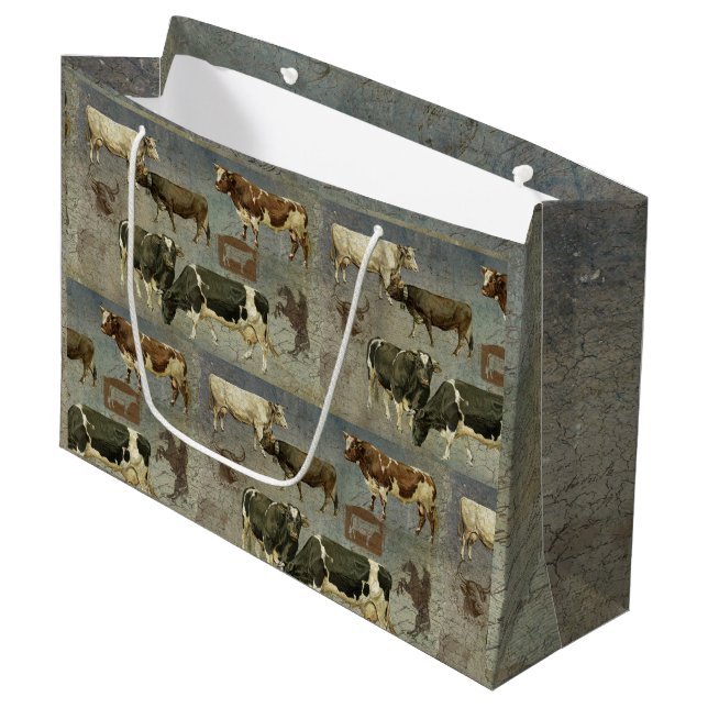 Rustikale blaue Farm Kuh Holzmuster Maskuline Vate Große Geschenktüte (Vorderseite Schrägansicht)