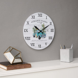 Rustikale blaue Farmhouse-LKW-Weihnachtsfamilienna Große Wanduhr