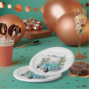 Rustikale Blaue Farmhouse-Truck-Weihnachtsfeier Pappteller