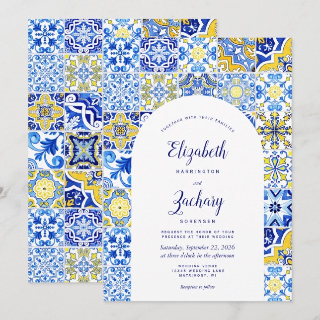 Rustikale Blaue Gelbe Arche Portugiesische Hochzei Einladung (Vorne/Hinten)