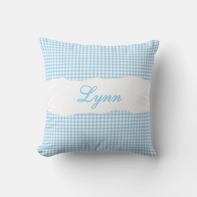 Rustikale blaue Gingham-Personalisierung Name Kissen (Vorderseite)