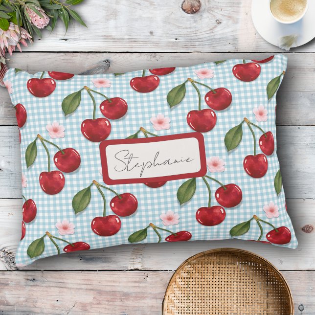Rustikale Blaue Gingham- und Kirsch-Monogramm Dekokissen (Von Creator hochgeladen)