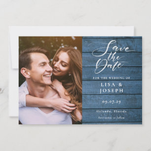 Rustikale Blaue Holz Elegante Schrift Foto Hochzei Save The Date