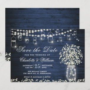 Rustikale blaue Holz-Hochzeit im Glas mit Schleier Einladung