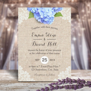Rustikale blaue Hortensien-Blumen-Lace- und Jute-H Einladung
