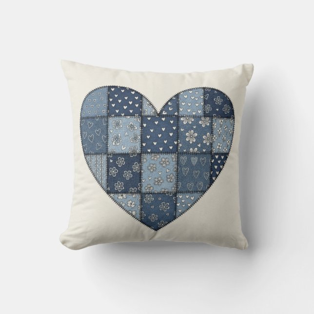 Rustikale blaue Jeans-Patchwork-Herz-Illustration Kissen (Vorderseite)