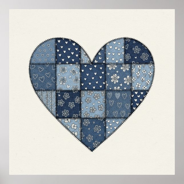 Rustikale blaue Jeans-Patchwork-Herz-Illustration Poster (Vorne)