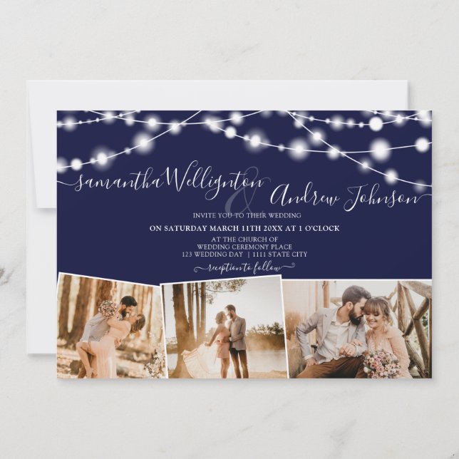 Rustikale blaue Lichter Drehbuch 4 Fotos Hochzeit Einladung (Rückseite)