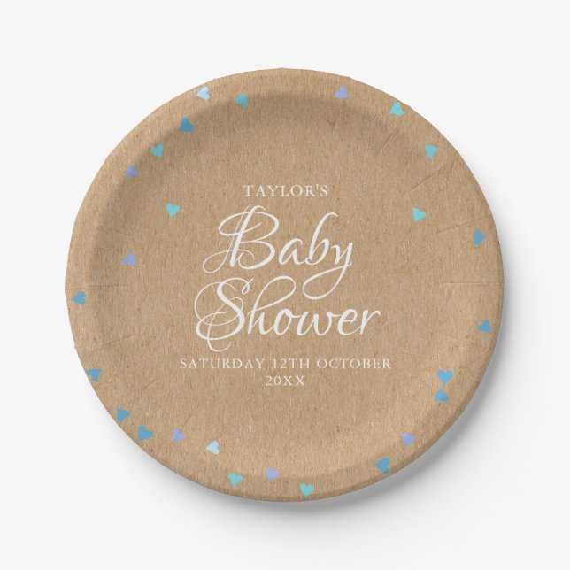 Rustikale blaue Liebe Herz Babydusche / Sprinkle Pappteller (Vorderseite)
