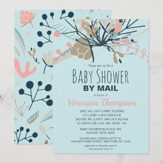 Rustikale blaue Pastel Botanische Babydusche per P Einladung (Vorne/Hinten)