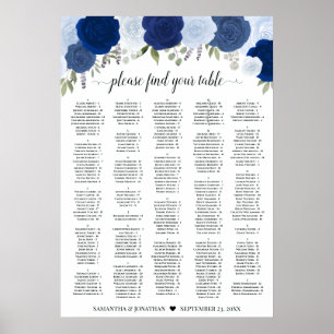 Rustikale Blaue Rosen Hochzeits-Sitzplan in A1-Grö Poster