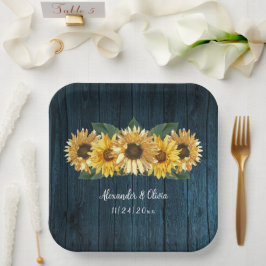 Rustikale blaue Sonnenblumen Hochzeitspapier-Telle Pappteller