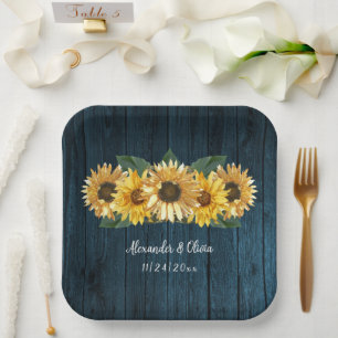 Rustikale blaue Sonnenblumen Hochzeitspapier-Telle Pappteller