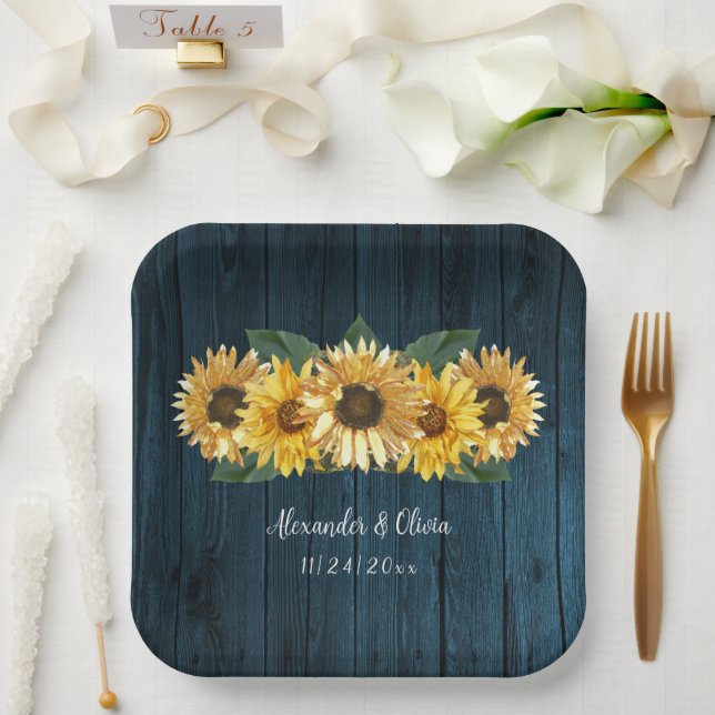 Rustikale blaue Sonnenblumen Hochzeitspapier-Telle Pappteller (Hochzeit)