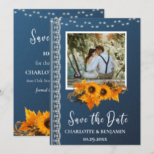 Rustikale Blaue Sonnenblumen- & Spitzen-Hochzeit Save The Date