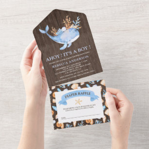 Rustikale blaue Whale Wood Baby Dusche All In One Einladung