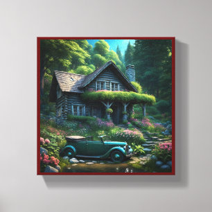 Rustikale Blockhütte mit Blume und Foliage Leinwanddruck