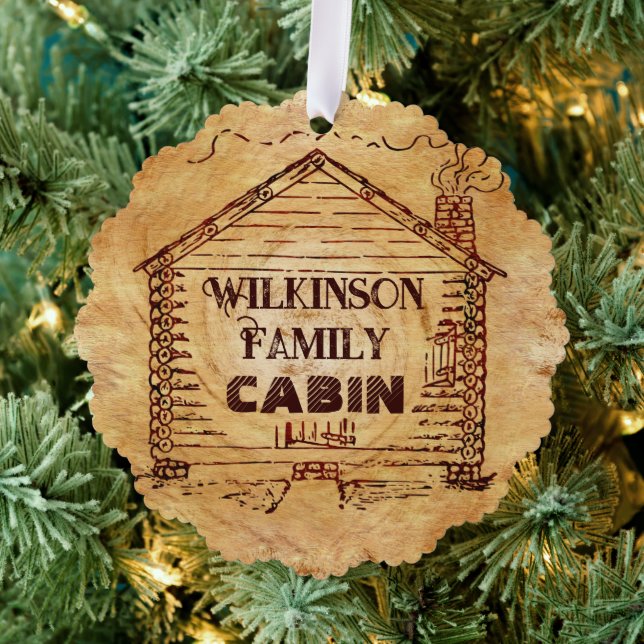 Rustikale Blockhütte Personalisiert Familienname Ornament Karte (Insitu (Baum))