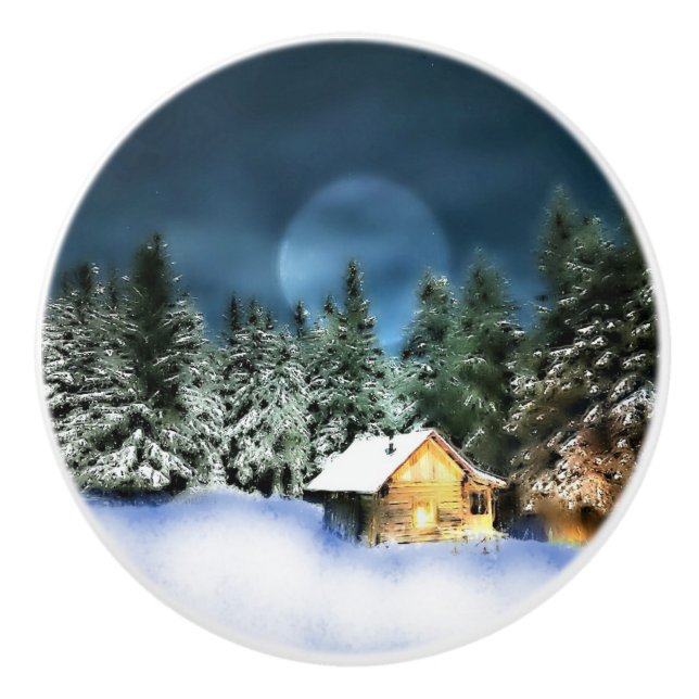 Rustikale Blockhütte Vollmond Keramikknauf (Vorderseite)