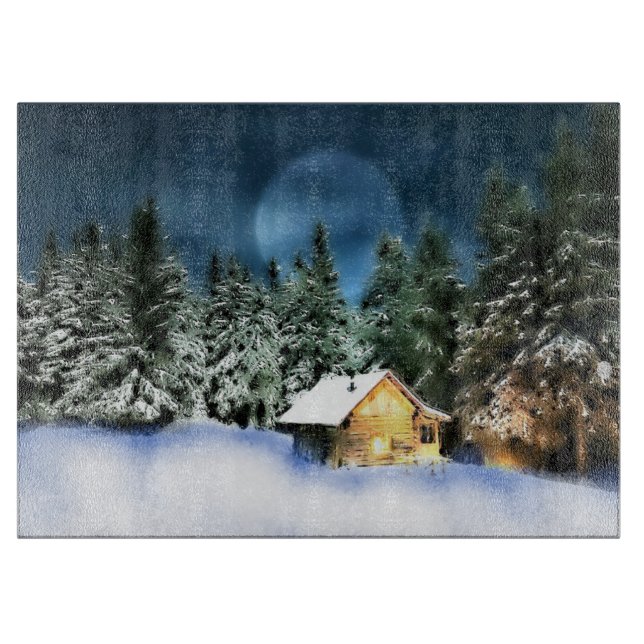 Rustikale Blockhütte Vollmond Schneidebrett (Vorderseite)