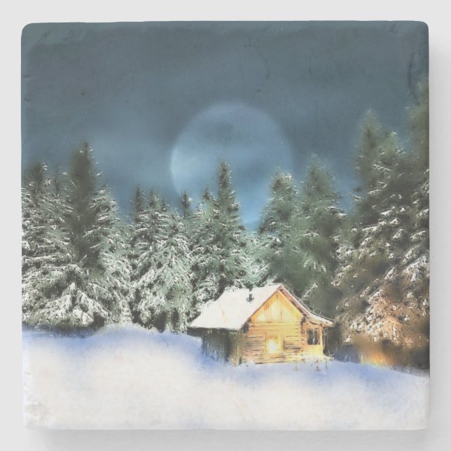 Rustikale Blockhütte Vollmond Steinuntersetzer (Vorderseite)