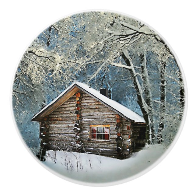 Rustikale Blockhütte Wintermagie Keramikknauf (Vorderseite)
