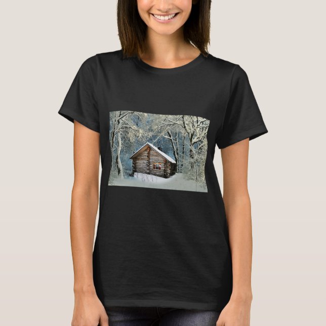 Rustikale Blockhütte Wintermagie T-Shirt (Vorderseite)