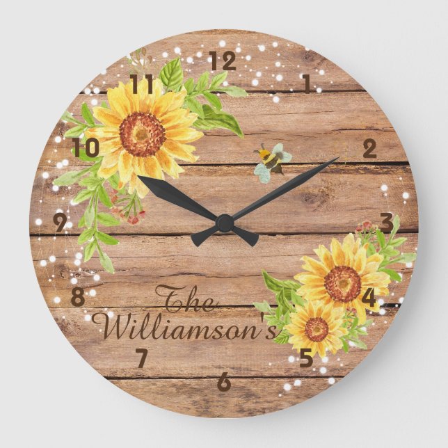 Rustikale blorgelbe Sonnenblume Personalisiert Große Wanduhr (Vorderseite)