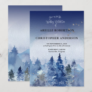 Rustikale Blue Pine Misty Forest Wedding Einladung