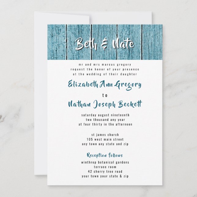 Rustikale Blue Shiplap Traditionelle Hochzeitseinl Einladung (Vorderseite)