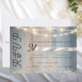 Rustikale Blue Wood & String Lights Wedding RSVP C Karte
