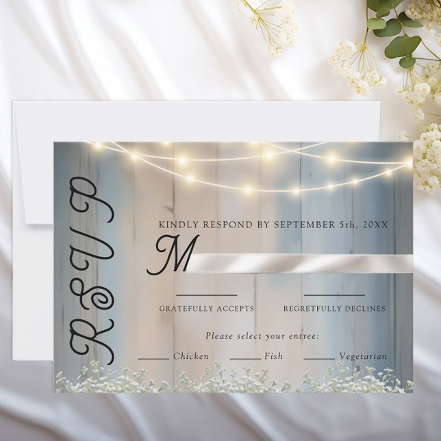 Rustikale Blue Wood & String Lights Wedding RSVP C Karte (Wedding rsvp card)