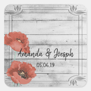 Rustikale Blume aus Weißholz, Mohn, Hochzeitsklebe Quadratischer Aufkleber