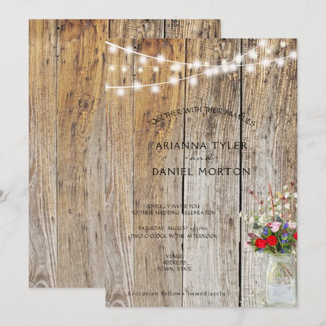 Rustikale Blume Bouquet Mason Jar String Lights Einladung (Vorne/Hinten)