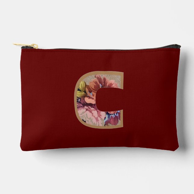 Rustikale Blume Initial C Burgund Zubehörtasche (Vorderseite)