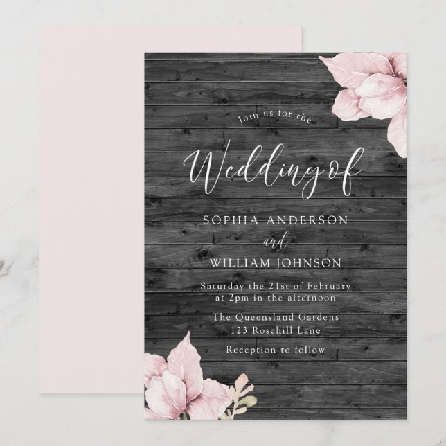 Rustikale Blume mit Holzblüten zum Hochzeitsempfan Einladung (Vorne/Hinten)