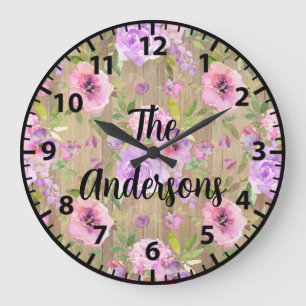 Rustikale Blume Rosa und Lila Rose Große Wanduhr