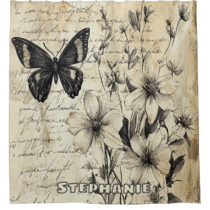 Rustikale Blume und Schmetterlinge - Altpapier (1) Duschvorhang