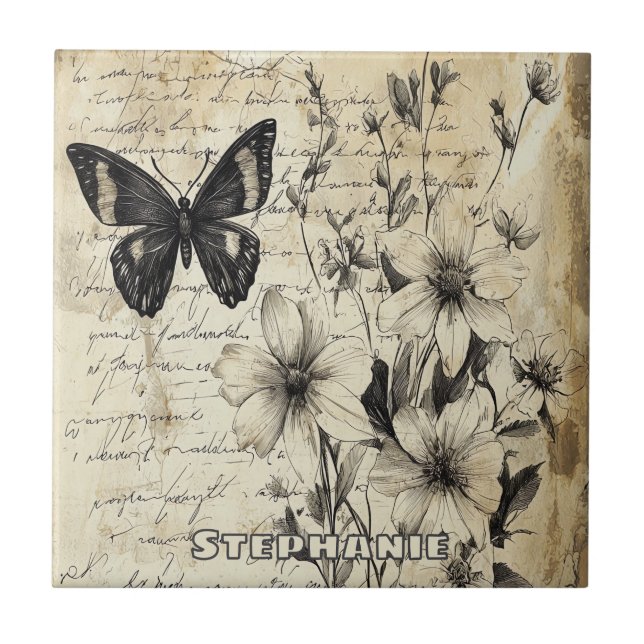 Rustikale Blume und Schmetterlinge - Altpapier (1) Fliese (Vorderseite)
