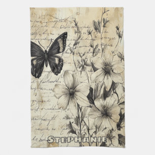 Rustikale Blume und Schmetterlinge - Altpapier (1) Geschirrtuch
