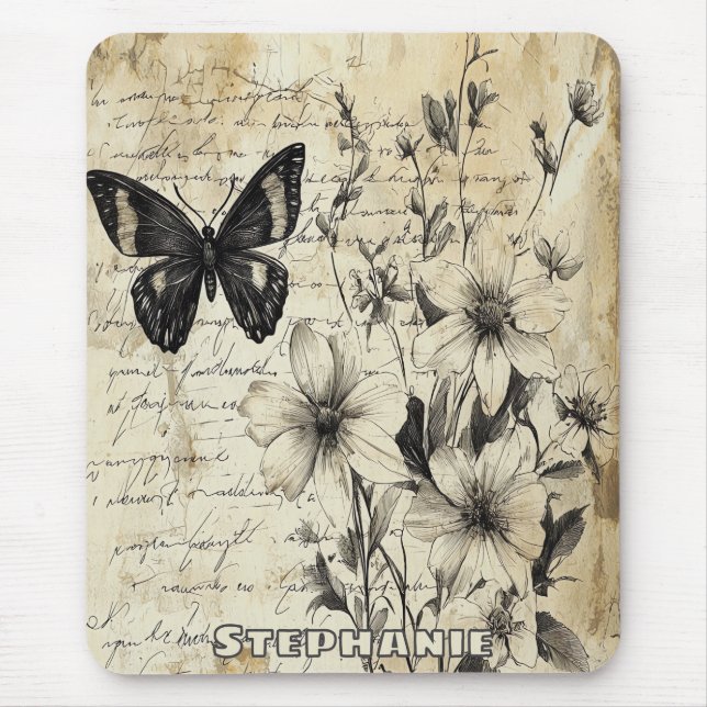 Rustikale Blume und Schmetterlinge - Altpapier (1) Mousepad (Vorne)