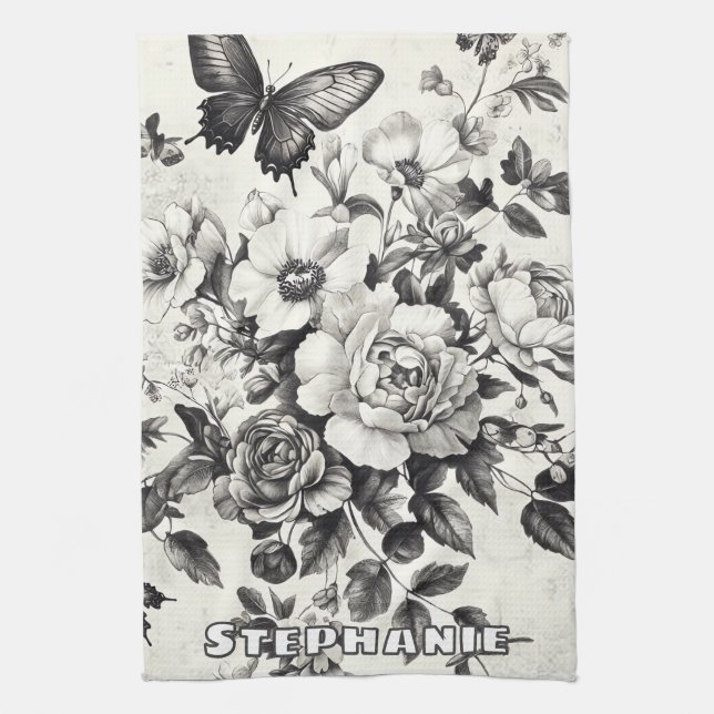 Rustikale Blume und Schmetterlinge - Altpapier (3) Geschirrtuch (Vertikal)