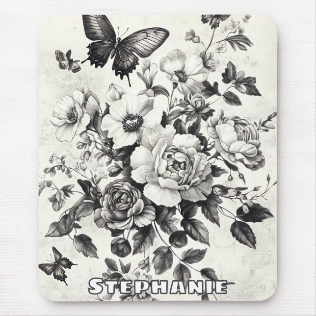 Rustikale Blume und Schmetterlinge - Altpapier (3) Mousepad (Vorne)