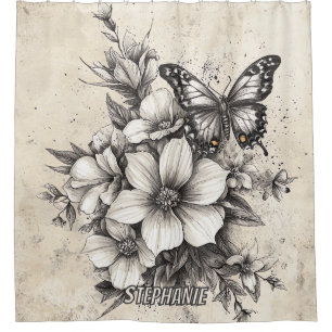 Rustikale Blume und Schmetterlinge - Altpapier (5) Duschvorhang
