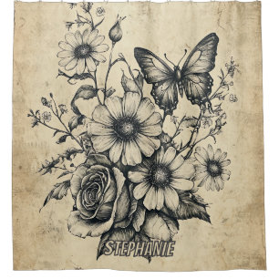 Rustikale Blume und Schmetterlinge - Altpapier (6) Duschvorhang