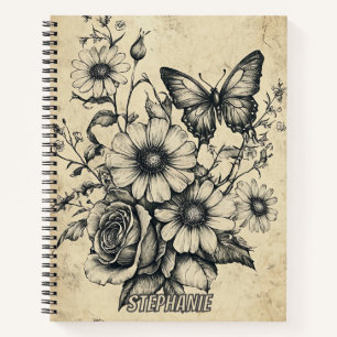 Rustikale Blume und Schmetterlinge - Altpapier (6) Notizbuch