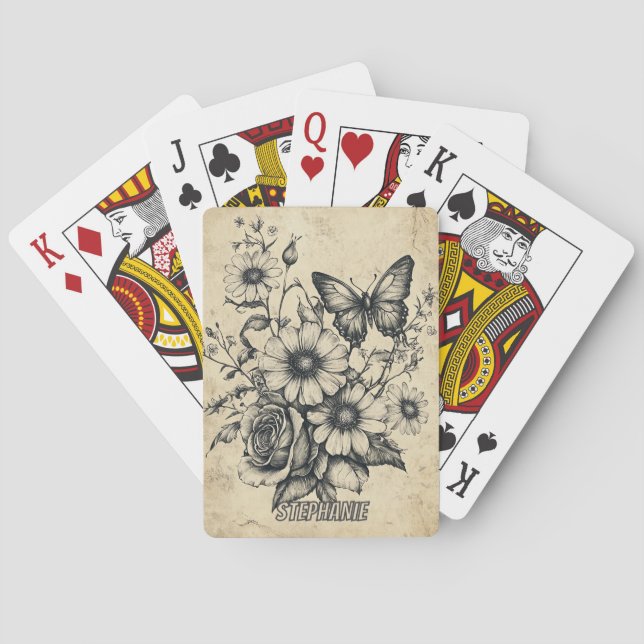 Rustikale Blume und Schmetterlinge - Altpapier (6) Spielkarten (Rückseite)